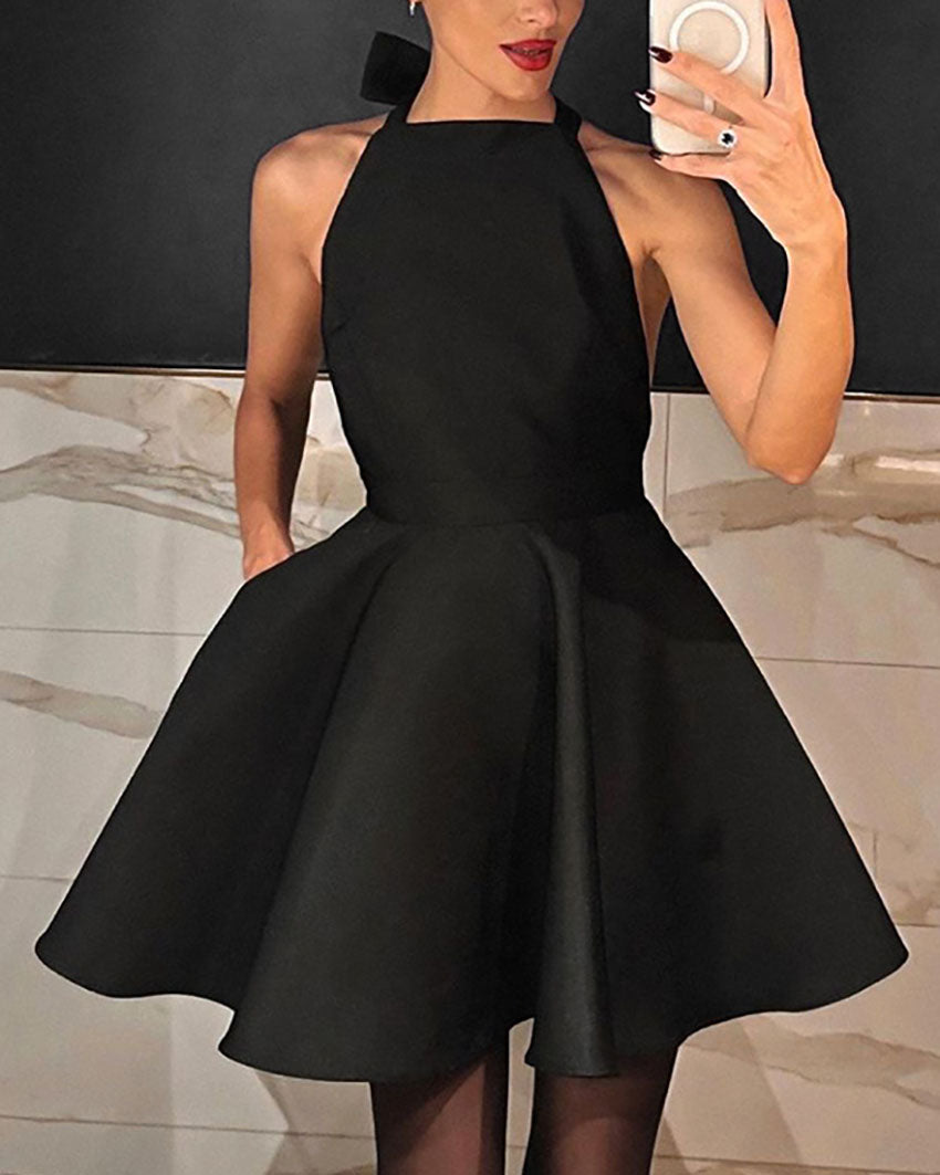 Black Satin High-Waisted Sleeveless Halter Neck Dress