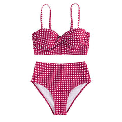 High Waist Plaid  Push Up Ruched Bikini Set