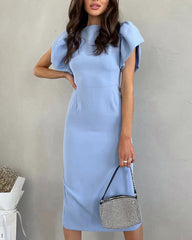 Blue waisted round neck puff sleeve dress