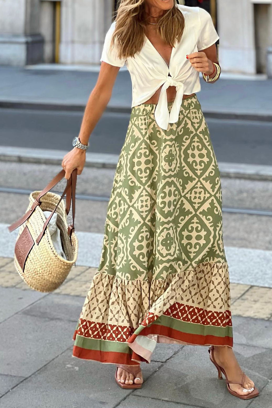 Bohemian Print Elastic Waist Vacation Midi Skirt