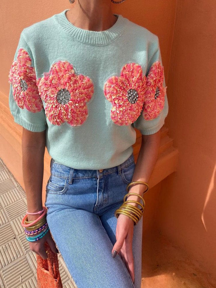 3D Patch Rhinestone Floral Short Sleeve Knit Top