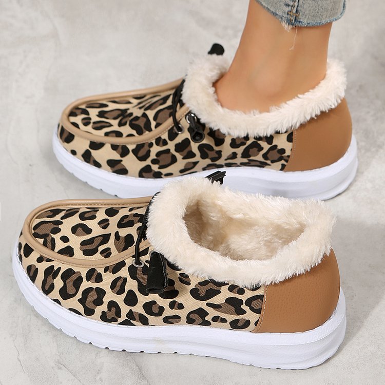 Leopard print flat slip-on plush snow shoes