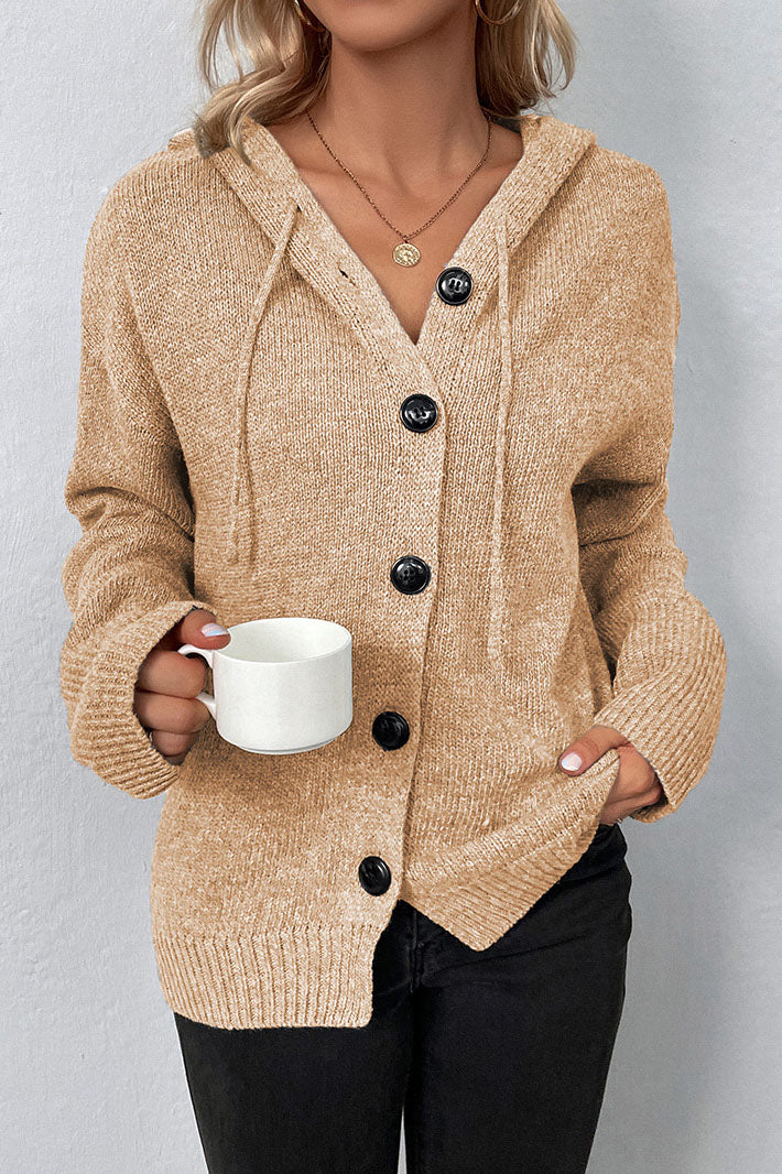 Hooded single-breasted drawstring knitted cardigan