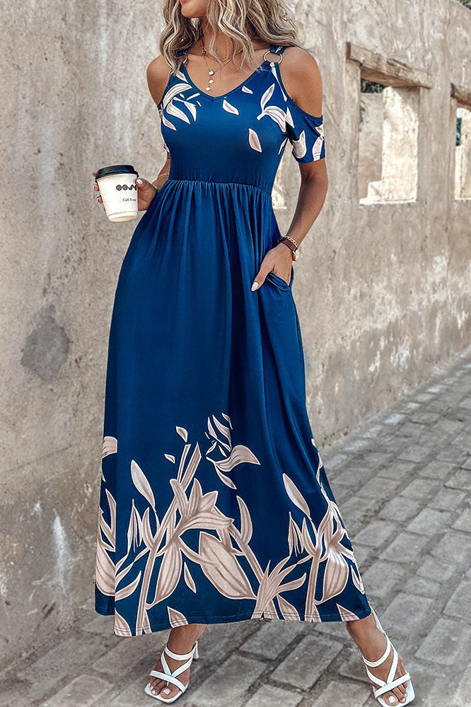 Blue Off-shoulder Floral Print Cinched Waist Maxi Dress