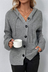 Hooded single-breasted drawstring knitted cardigan