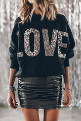 Bat sleeve sequin LOVE black sweatshirt