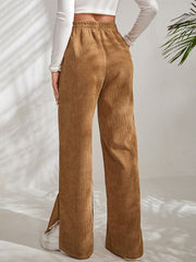 High Waist Solid Corduroy Panel Slit Hem Pants