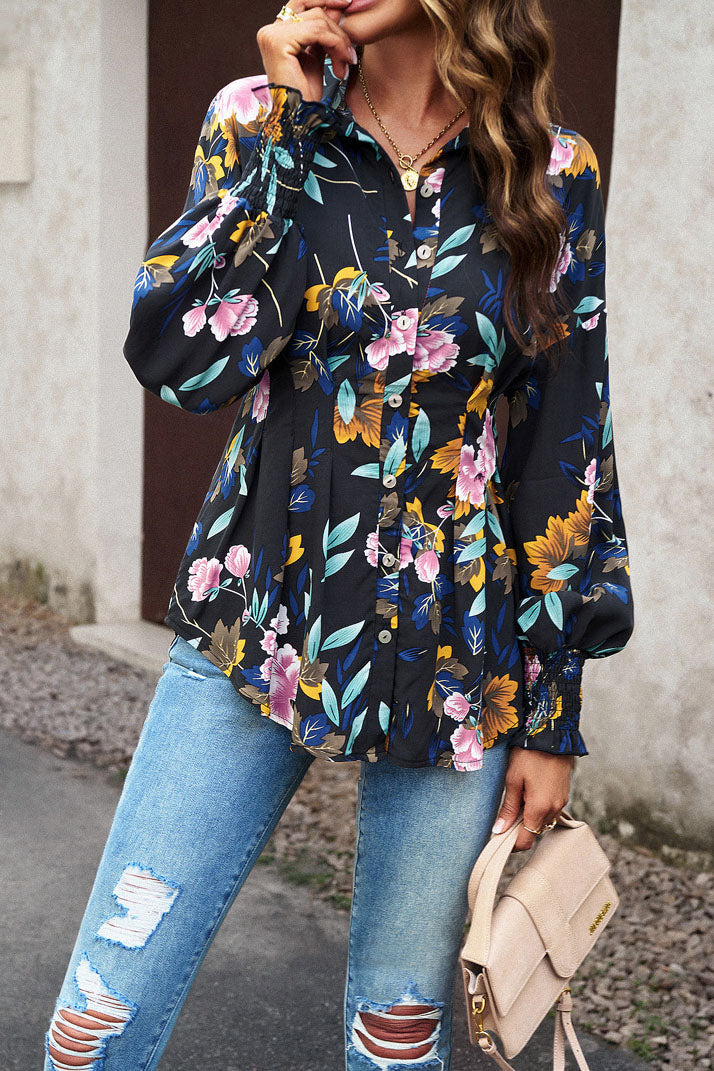 Belted Printed Lantern Sleeve Shirt