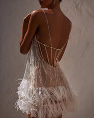 Backless Layered Tassel Mesh Sequined Suspender Dress