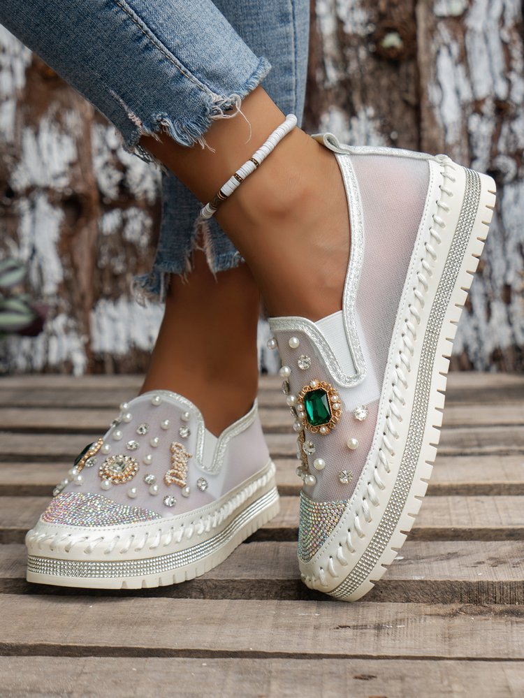 Beaded Breathable Mesh Thick Flatform Loafers