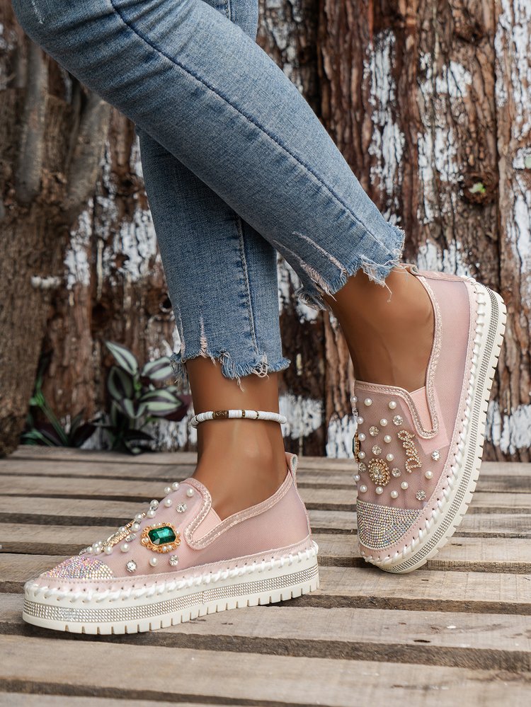 Beaded Breathable Mesh Thick Flatform Loafers