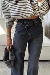 Asymmetric High-waisted Split Straight-leg Jeans