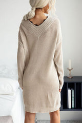 Lace Stitching V-neck mid-length Sweater Dress