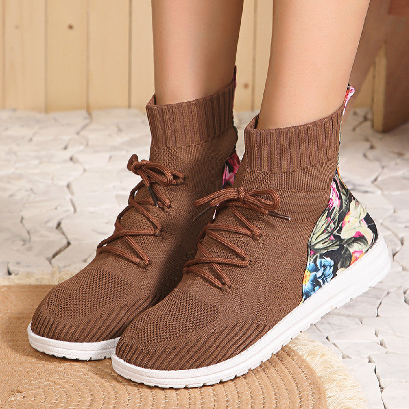 High-top round toe lace-up elastic sock boots