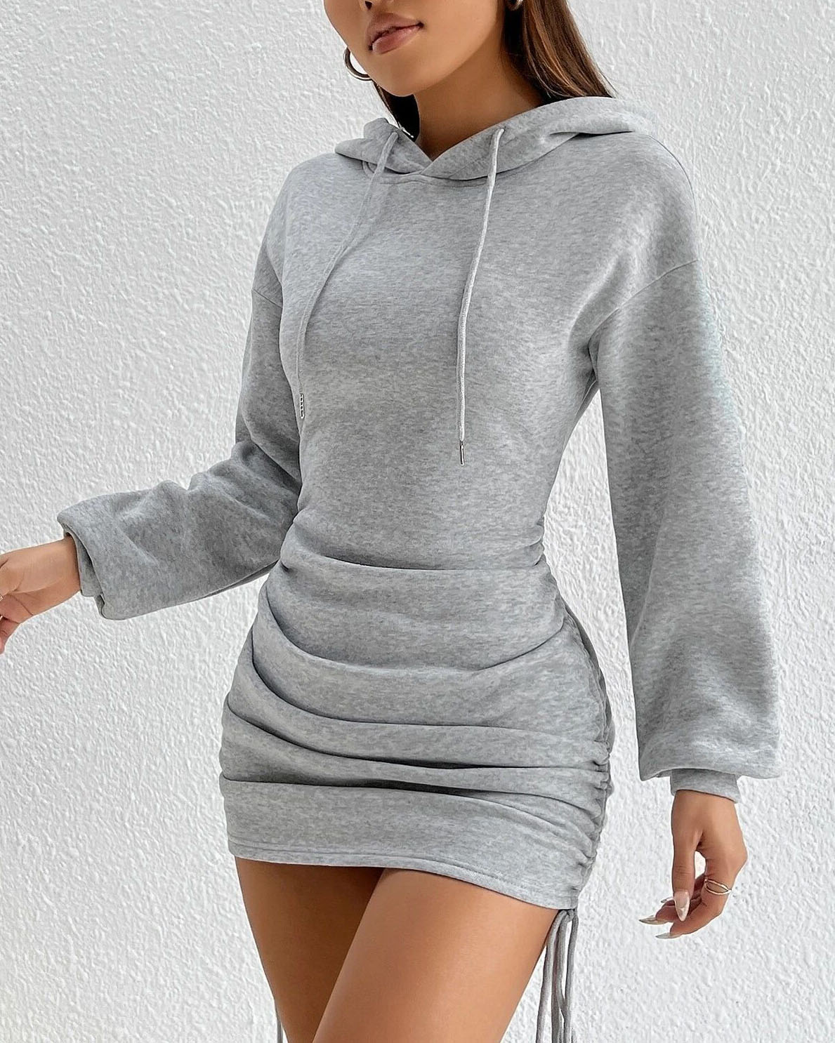 Hooded Drawstring Ruched Sweatshirt Dress