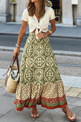 Bohemian Print Elastic Waist Vacation Midi Skirt