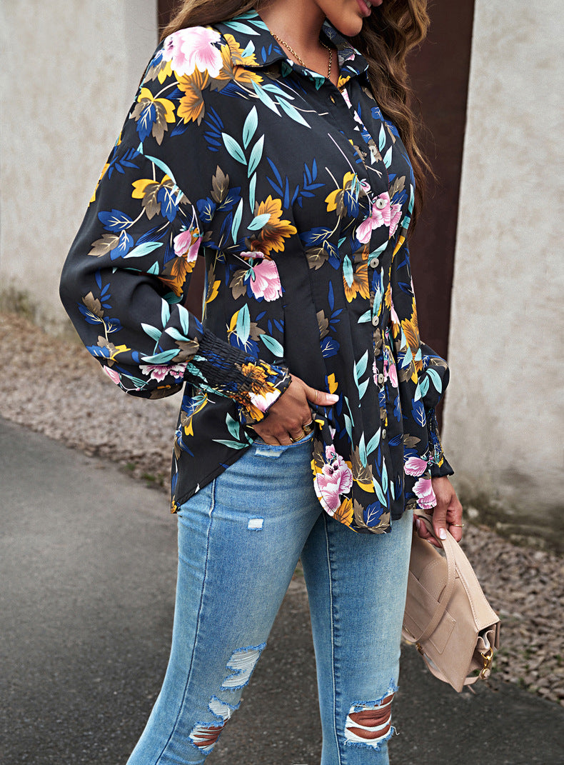 Belted Printed Lantern Sleeve Shirt