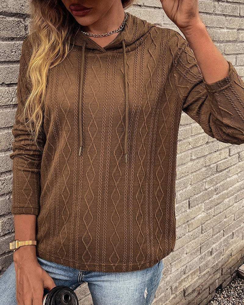 Lace up long sleeve jacquard hooded sweater