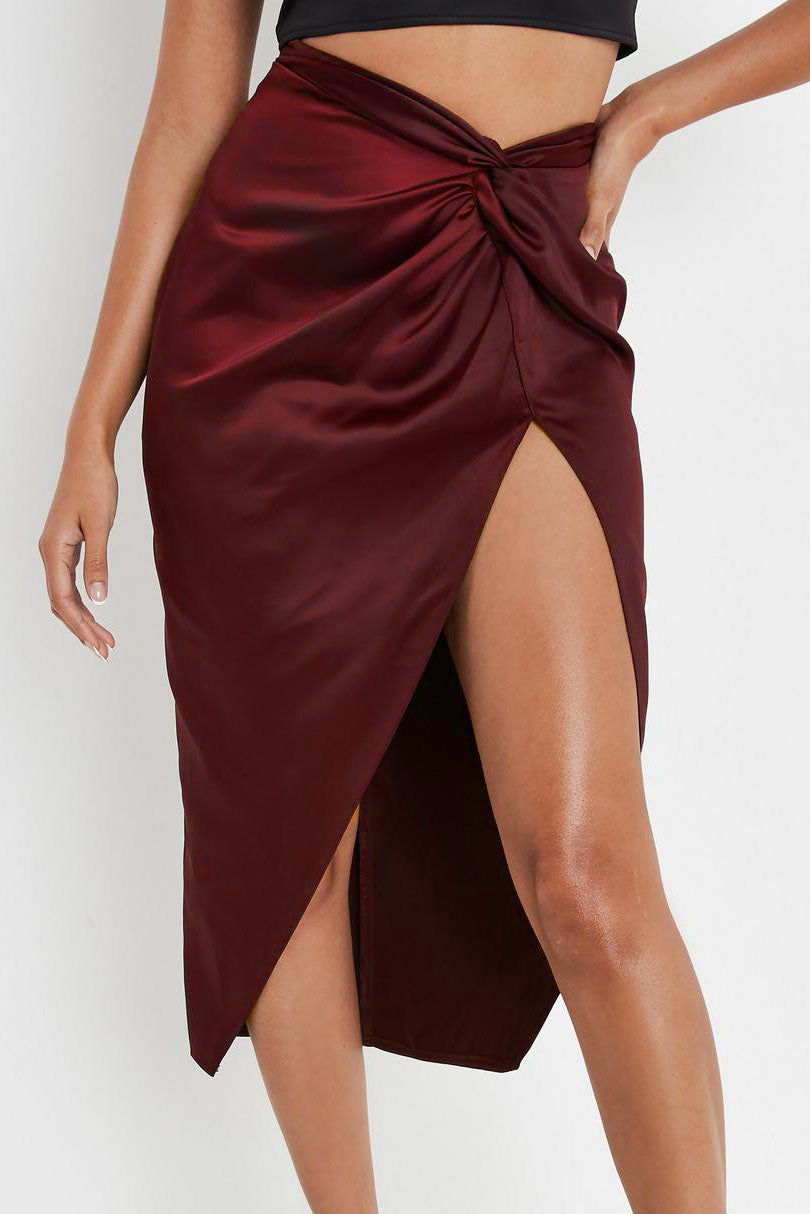 High Waist Irregular Solid Satin Slit Skirt