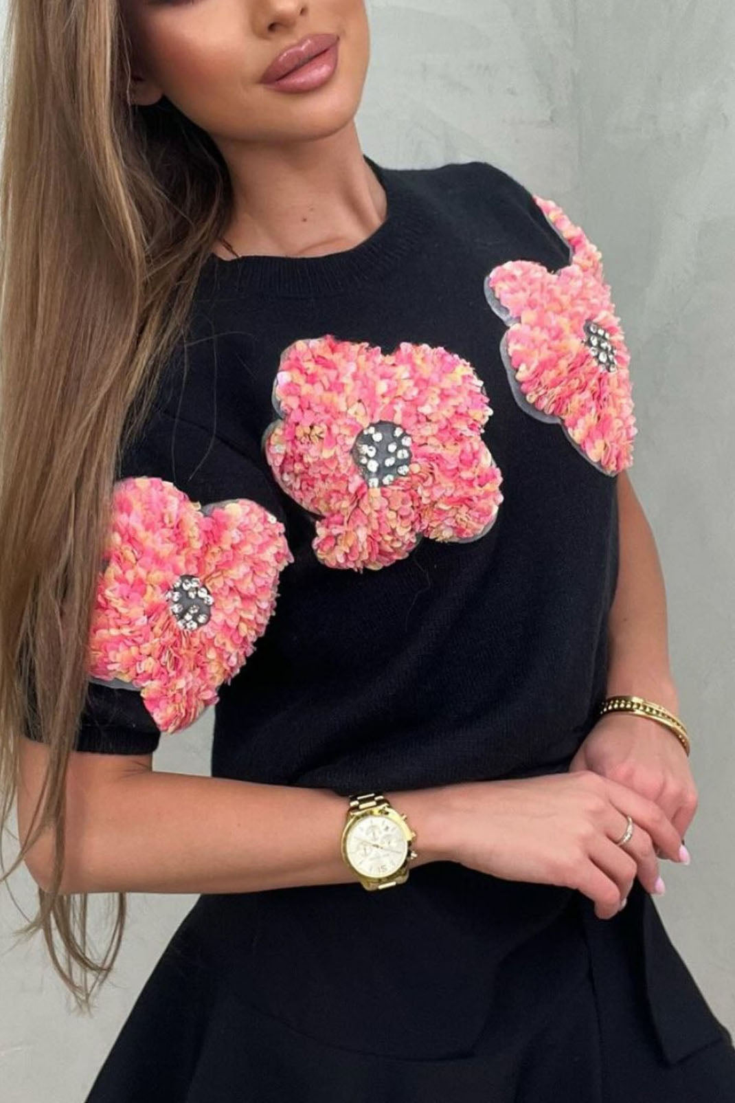 3D Patch Rhinestone Floral Short Sleeve Knit Top