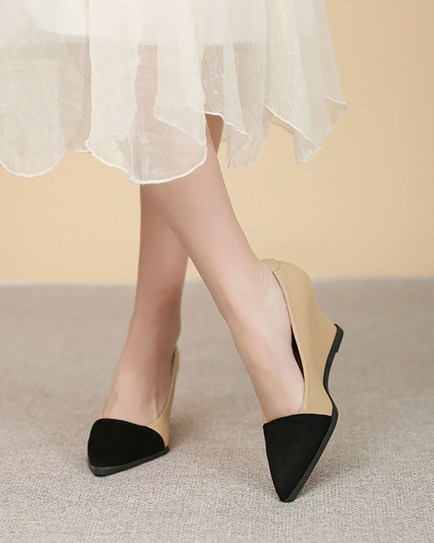 Khaki Colorblock Pointed Toe Wedge Heels