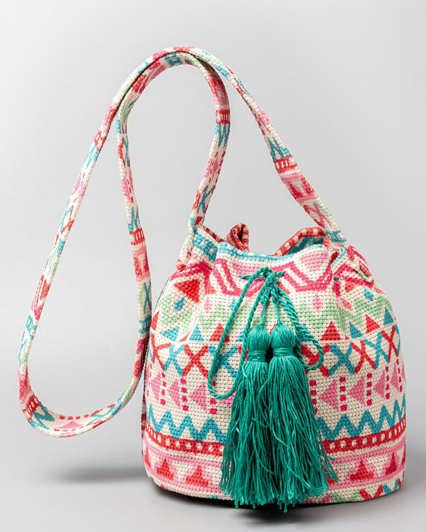 Bohemian printed fringed canvas bucket bag