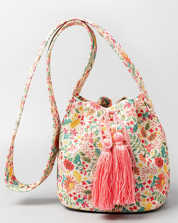 Bohemian printed fringed canvas bucket bag