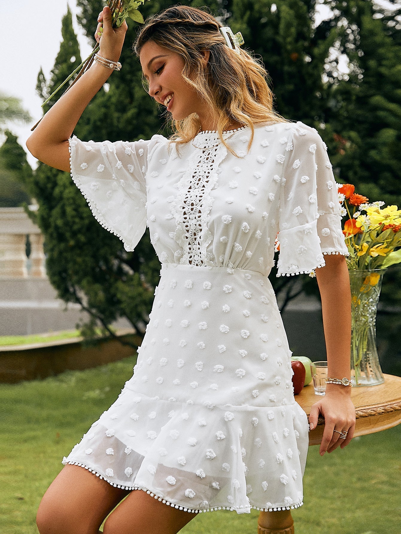 Holiday o-neck Flare sleeves Tassel Mini Dress