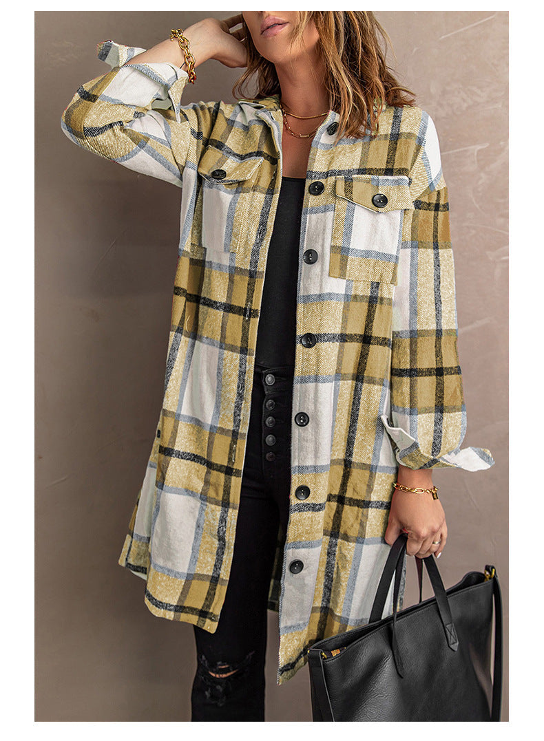 Lapel Knit Long casual Tweed Plaid Jacket