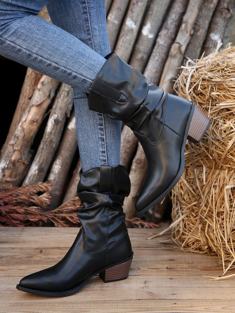 Black thick heel pleated mid-calf boots