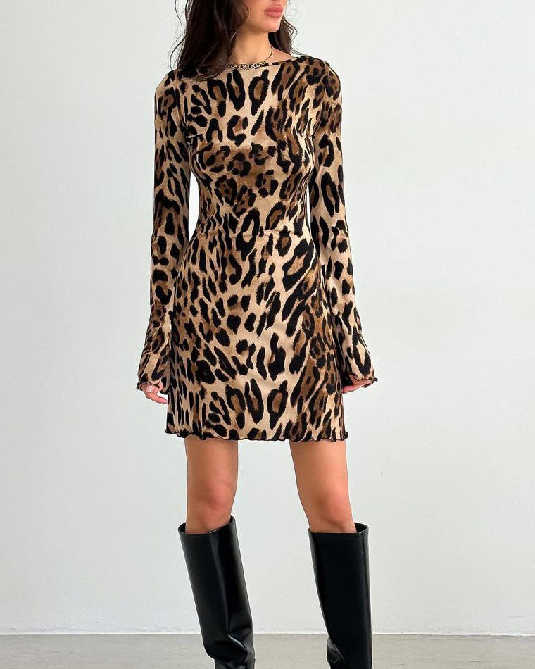 Leopard Bell Long Sleeve High Waist Round Neck Dress