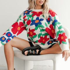 Blooming Flowers Crew Neck Loose Knit Sweater