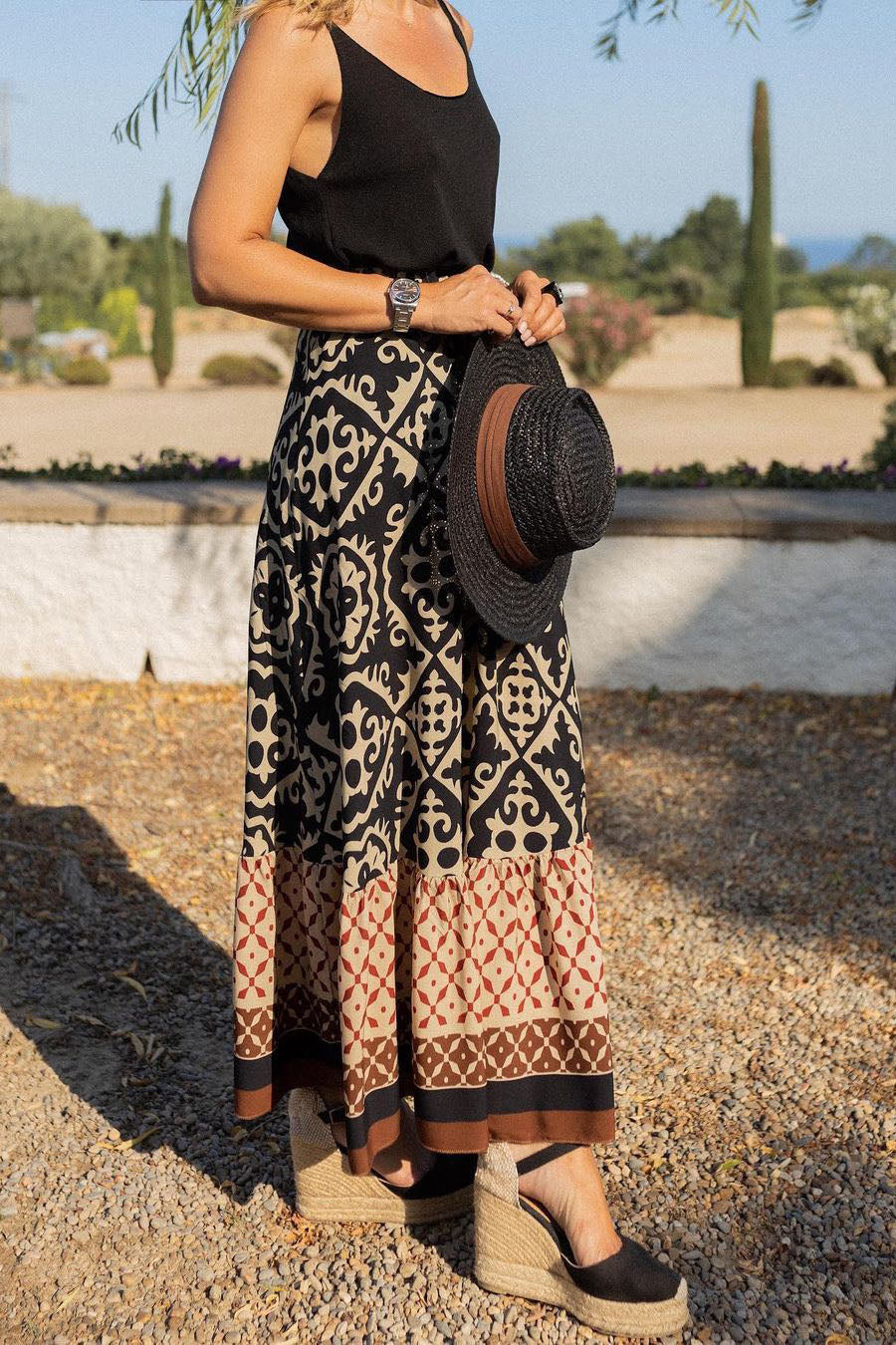 Bohemian Print Elastic Waist Vacation Midi Skirt