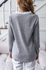 Lace V-neck Gray Long-sleeved T-shirt