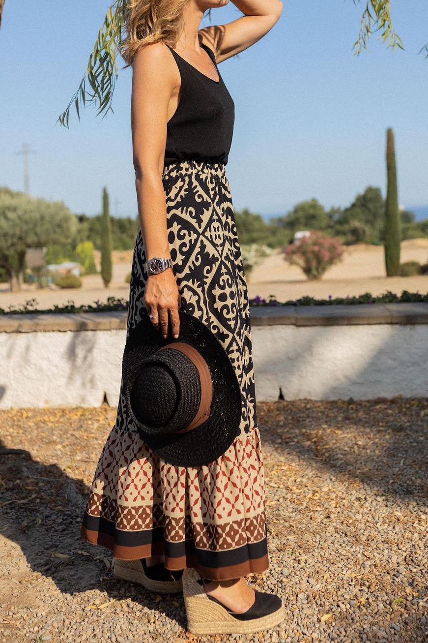 Bohemian Print Elastic Waist Vacation Midi Skirt