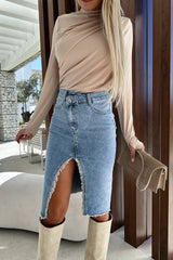 High waist slit frayed edge denim skirt