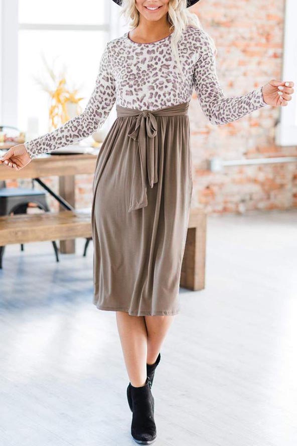 Leopard Paneled Lace-up Knitted Dress