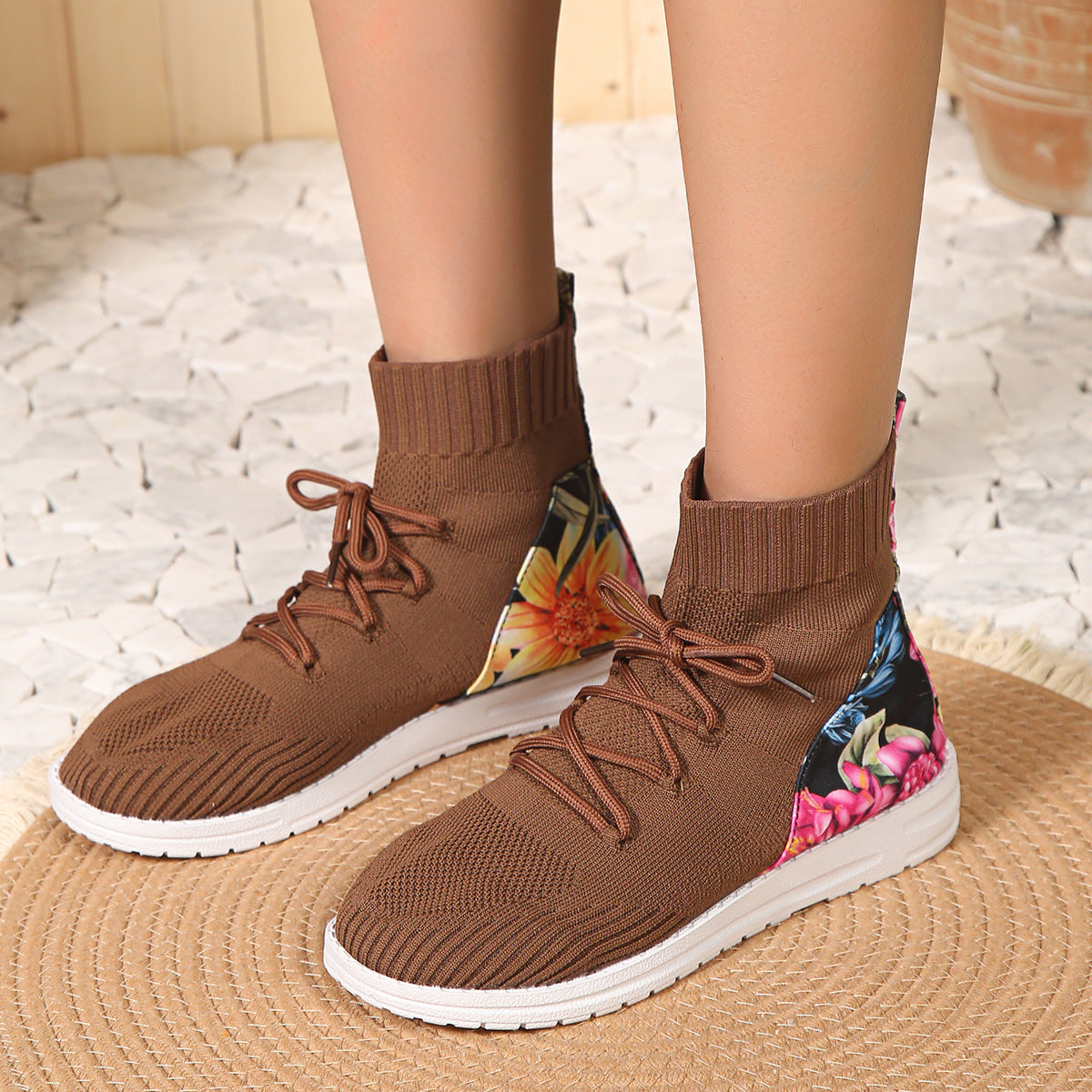 High-top round toe lace-up elastic sock boots