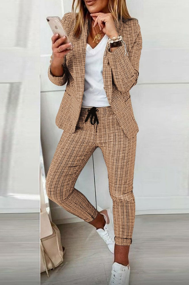 Lapel Neck Plaid Blazer Coat & Drawstring Pants Set