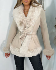 Large fur collar lace-up waist stitching PU leather jacket