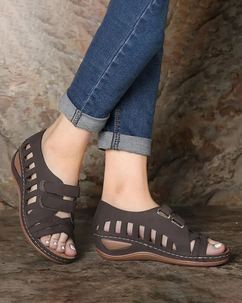 Hollow Velcro Slope Heel Sandals