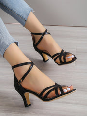 Black Strappy Stiletto Peep Toe Sandals