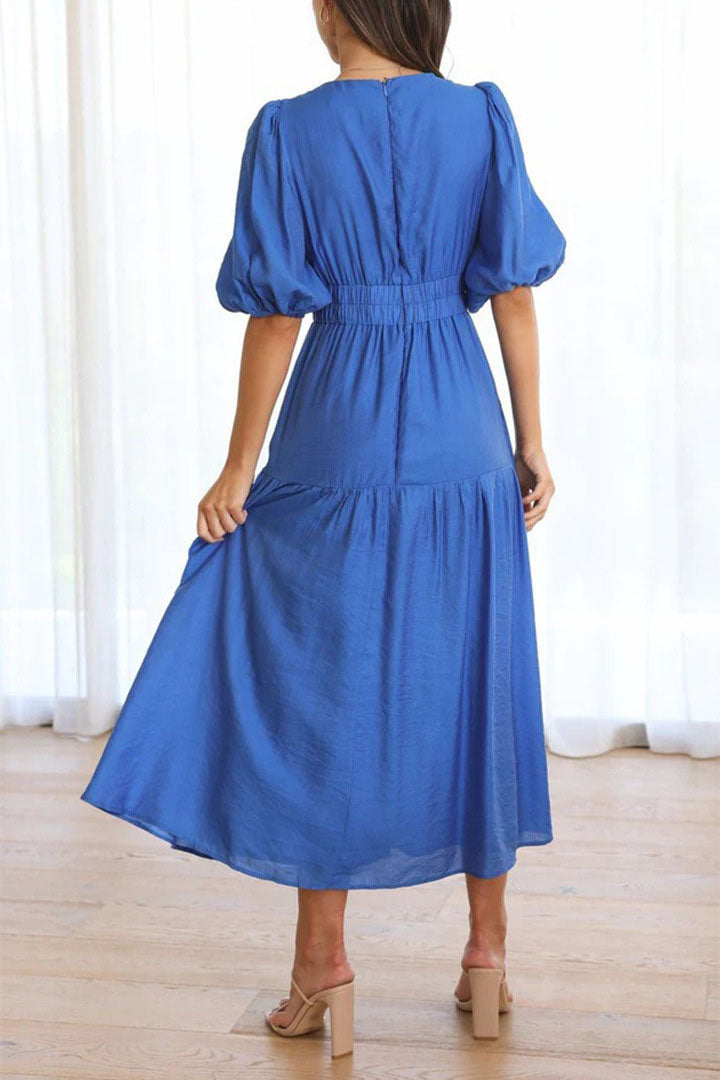 Lantern Sleeve V-neck Cinched Waist Midi Dress