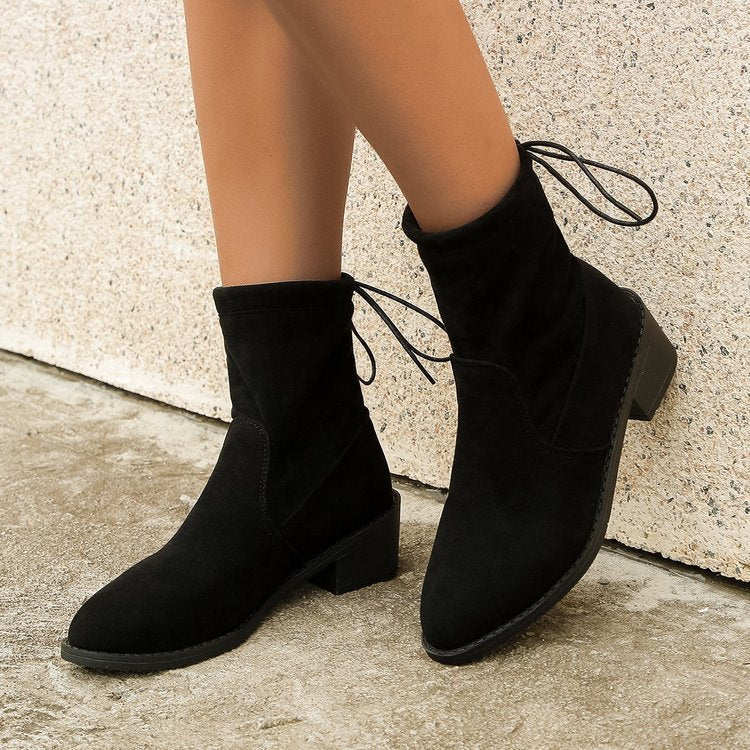 lace-up back Black suede boots