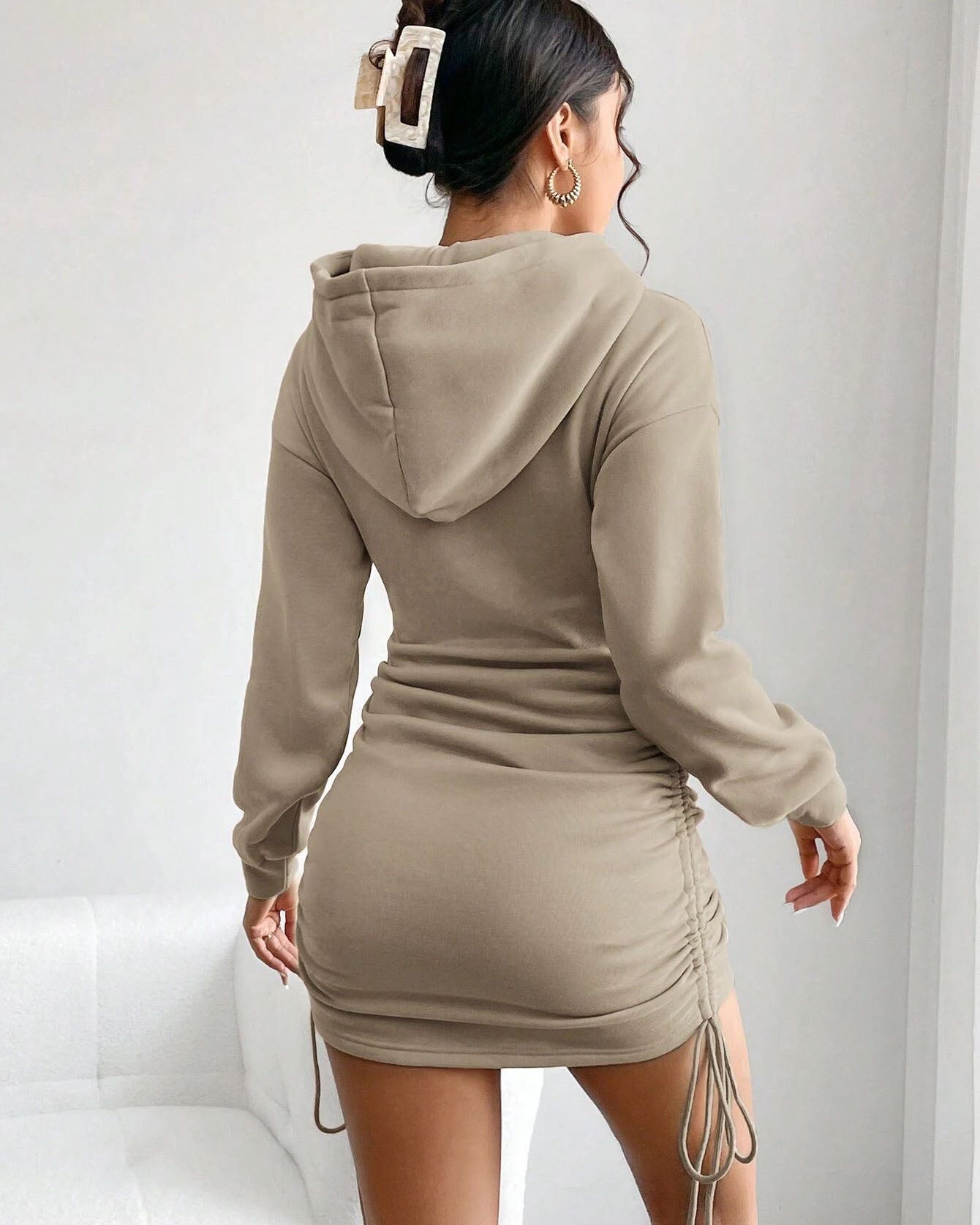 Hooded Drawstring Ruched Sweatshirt Dress