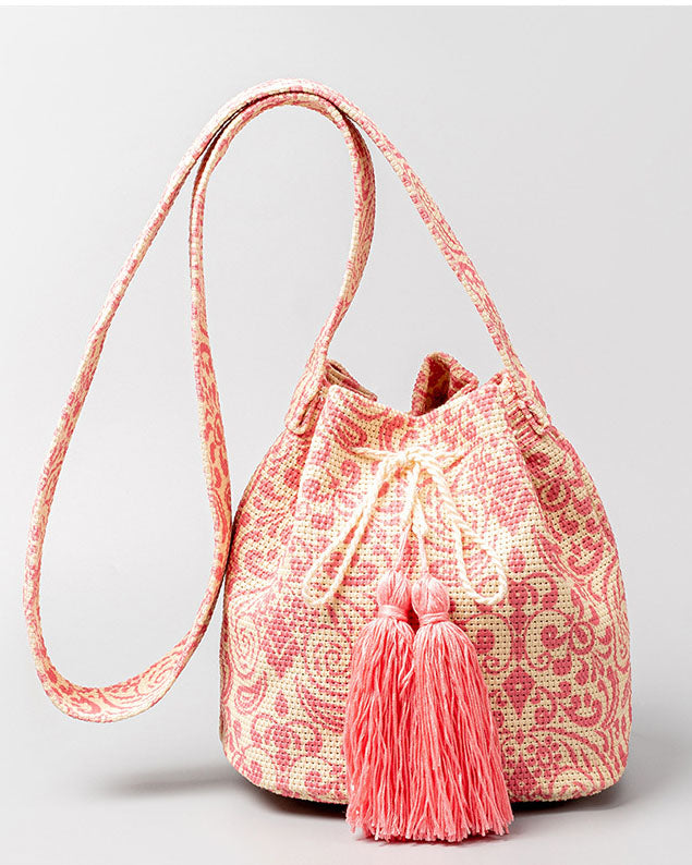 Bohemian printed fringed canvas bucket bag