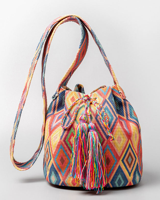 Bohemian printed fringed canvas bucket bag