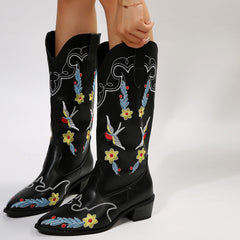 Hummingbird embroidered block heel mid-calf boots