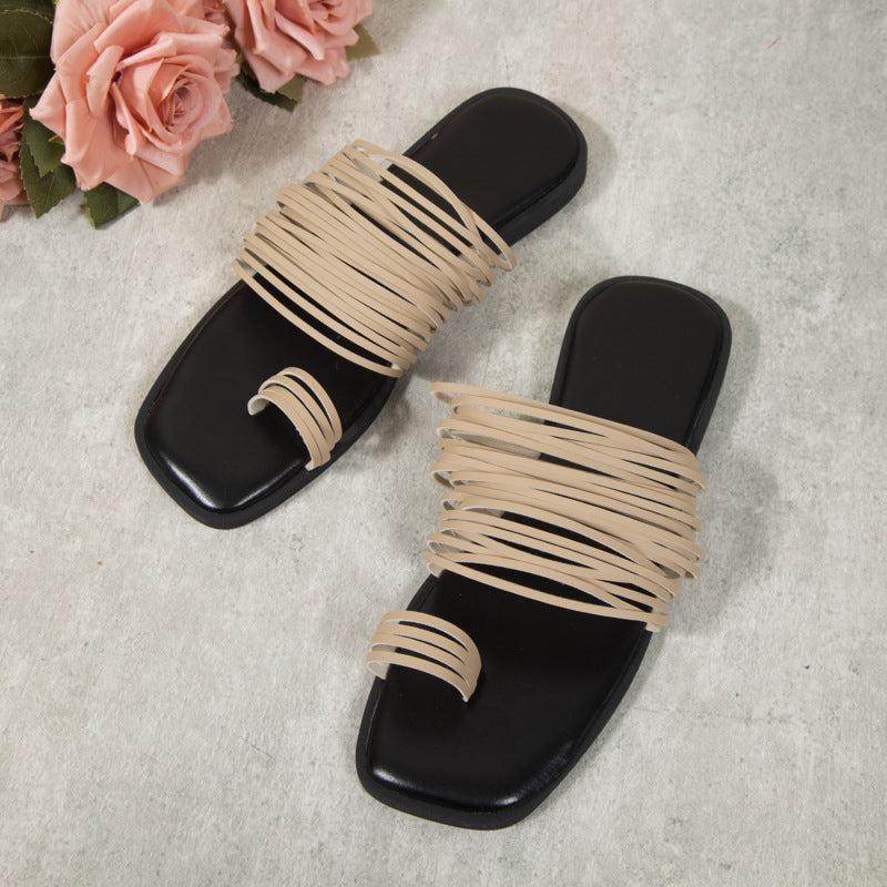 Hollow tassel square toe flat slippers