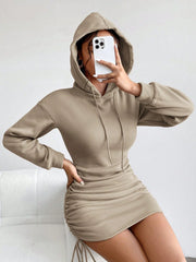 Hooded Drawstring Ruched Sweatshirt Dress